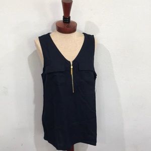 Ellen Tracy Women Sleeveless Blouse Size M Navy Blue Linen Blend Half front Zip